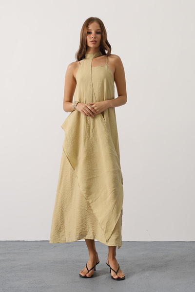 VAGGON Women's Oil Green Asymmetrical Lace-Up Detachable Collar Long Bohemian Dress Vs00631