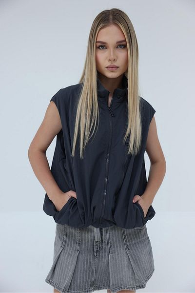 VAGGON Women's Anthracite Zipper Pocket Elastic Waist Parachute Vest Vs00434