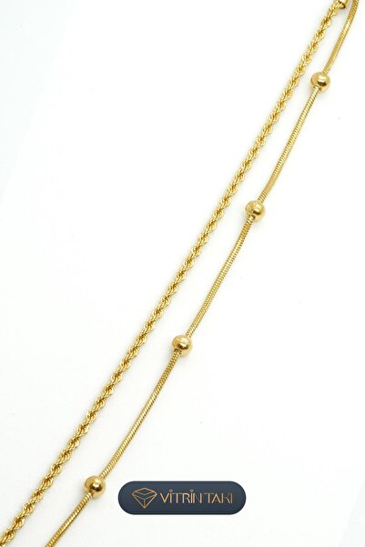 Çelik Burgulu ve Dorikalı İkili Zincir Altın Renk Bileklik