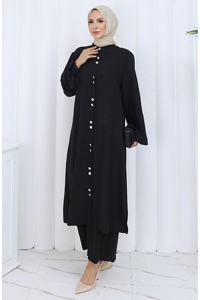 sefamerve Pantaloni tunică cu nasturi înalți Set dublu 2114-05 Negru