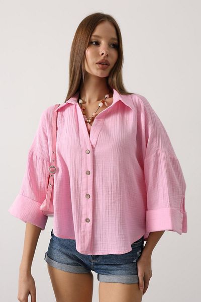VAGGON Women's Pink Sleeves Double Muslin Shirt Vs00599
