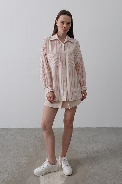VAGGON Women's Pink Striped Double Pocket Oversize Shirt Vs00501