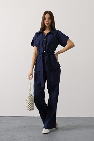 VAGGON Γυναικείο σετ παντελονιών με λεπτομέρεια τσέπης σε μπλε ναυτικό χρώμα Vs00593