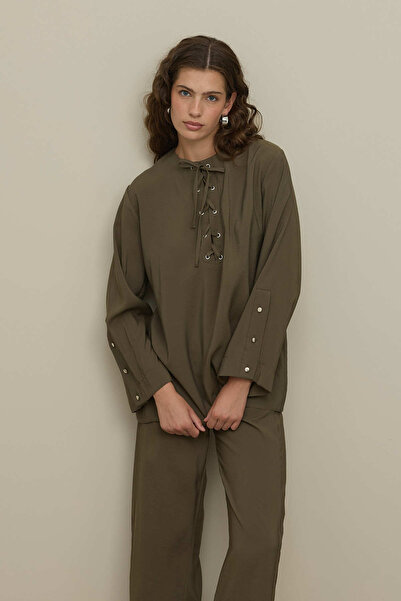 Fahhar Eyelet Detailed Trouser Suit Khaki