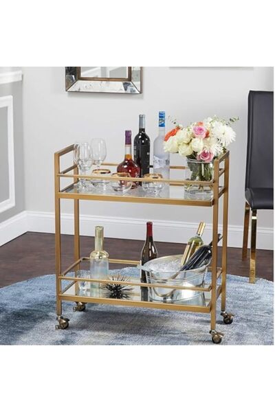 genric FFD Metal Serving Trolley with Clear Glass & Mirror Shelves, Midcentury Modern Two-Tier Utilit