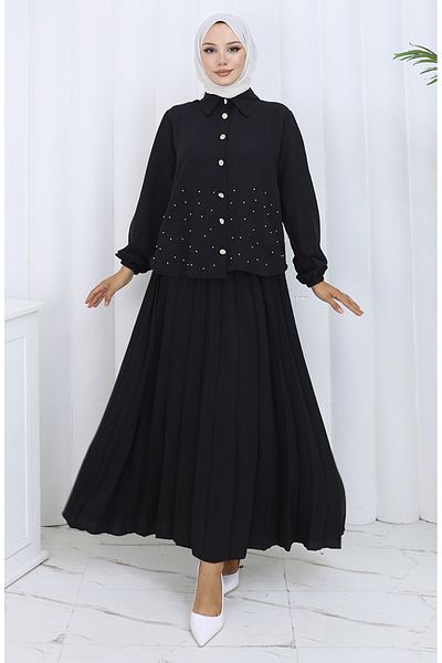 sefamerve Set de două piese cu fustă tunică cu nasturi de piatră 2115-05 Negru