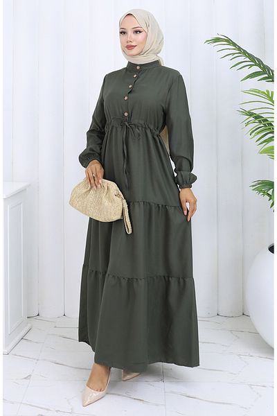 sefamerve Button Dress with Tie-Up at the Waist 0128-01 Dark Khaki