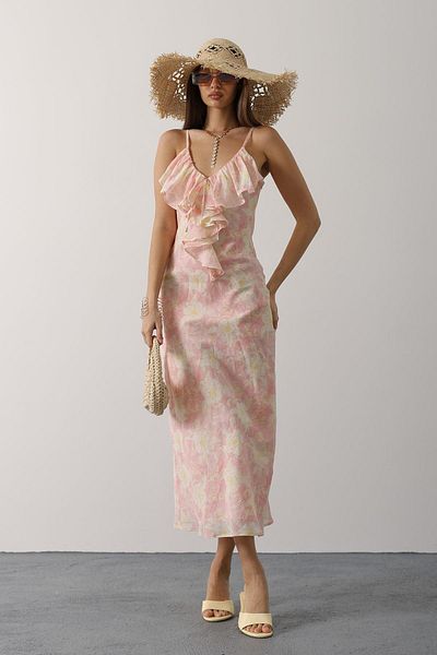 VAGGON Women's Pink Patterned Collar Flounced Strap Dress Vs00653