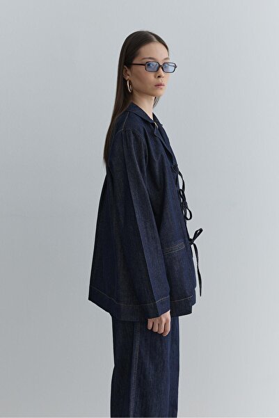 Fahhar Piping Tied Denim Jacket Navy Blue