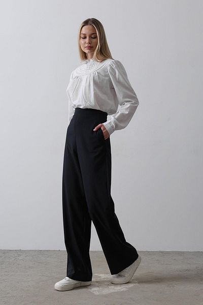 VAGGON Women's Dark Blue Double Pocket Palazzo Trousers with Half Elastic Waist Vs00528