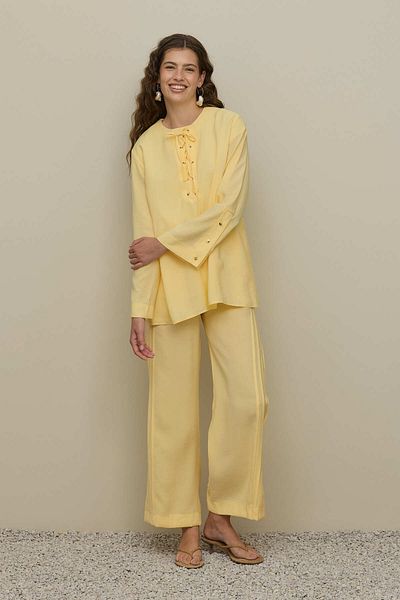Fahhar Eyelet Detailed Trousers Set Yellow