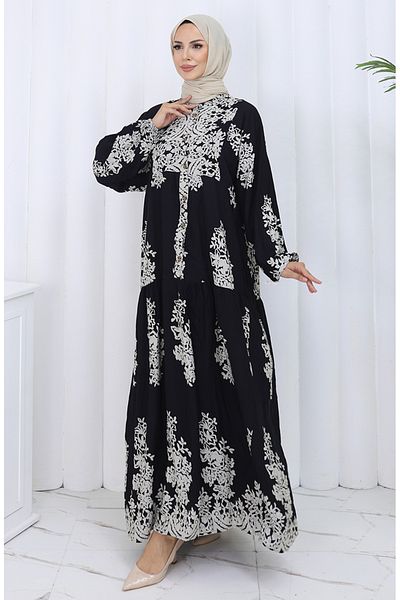 sefamerve Viscose Fabric Half Button Dress 2117-04 Black