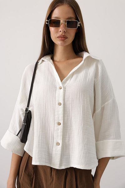 VAGGON Women's Ecru Sleeves Double Muslin Shirt Vs00599