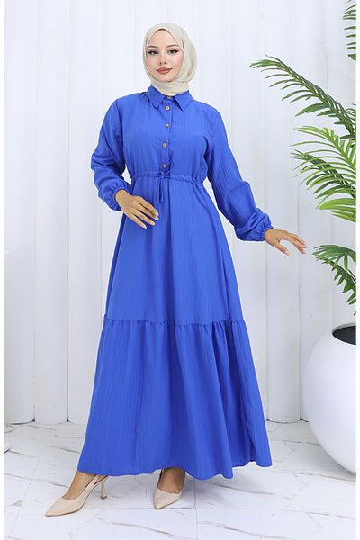 sefamerve Button Dress with Tie-Up at the Waist 0127-05 Blue
