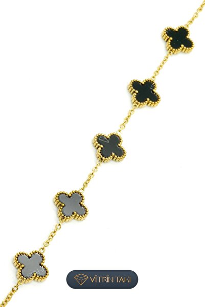 Çelik Siyah Yonca Figürlü Altın Renk Bileklik