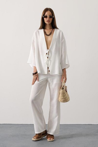VAGGON Women's White Tie Detailed Blouse and Elastic Waist Trousers Linen Suit Vs00436