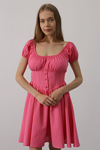 VAGGON Women's Fuchsia U-Neck Button Detailed Waist Corset Mini Dress Vs00549