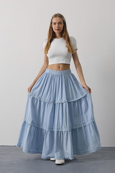 VAGGON Women's Baby Blue Elastic Waist Lace Detailed Pleated Maxi Skirt Vs00604