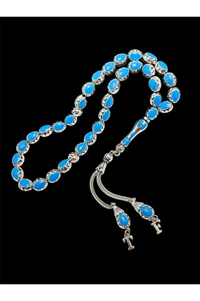 KANUNİ TESBİH Mărgele de rugăciune din metal în culoare turcoaz în cutie de lemn, cu detaliu de litere