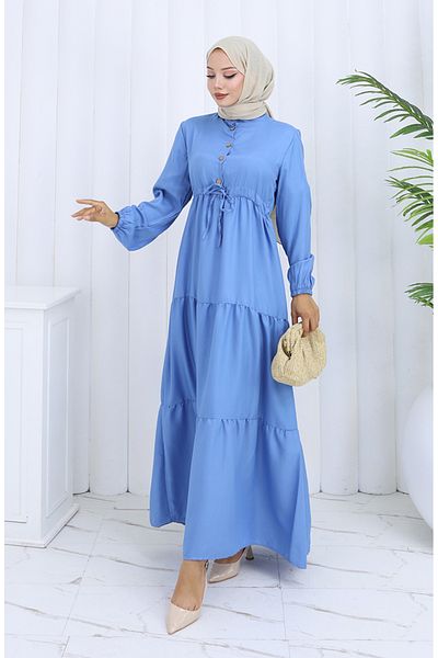 sefamerve Button Dress with Tie-Up at the Waist 0128-02 Light Blue