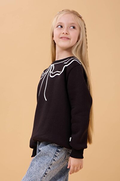 Perendi سويت شيرت شتوي مطبوع برقبة دائرية للفتيات - أسود