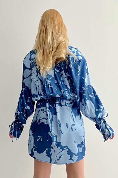 VAGGON Γυναικείο φόρεμα πουκάμισο με μπλε επένδυση και λεπτομέρεια με μανσέτες Vs00390