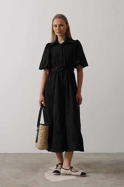 VAGGON Balloon Sleeve Belted Brode Dress