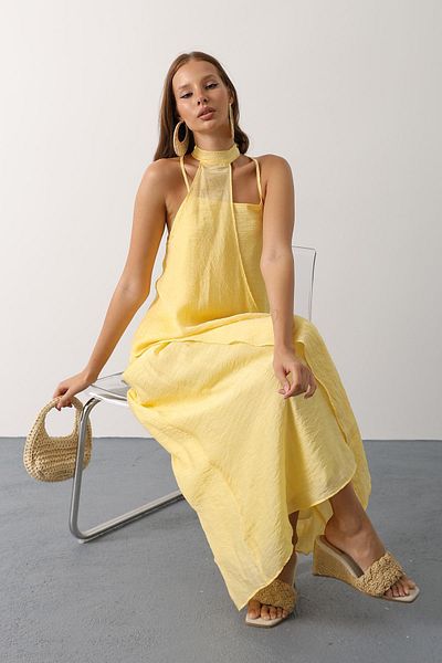 VAGGON Women's Yellow Asymmetrical Tie-Up Long Bohemian Dress Vs00631