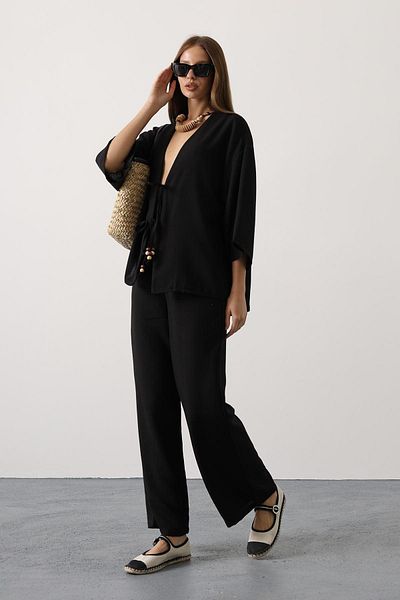 VAGGON Women's Black Tie Detail Blouse and Elastic Waist Pants Linen Suit Vs00436