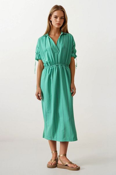 VAGGON Women's Green Shirt Collar Waist and Sleeve Elastic Striped Dress Vs00564