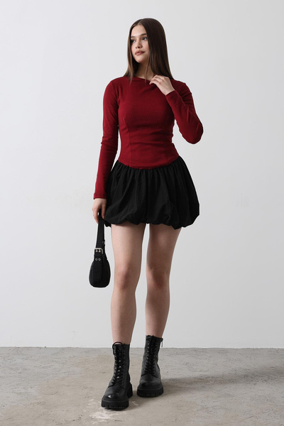 VAGGON Women's Burgundy Crew Neck Balloon Skirt Mini Dress Vs00487