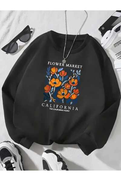 caddekombin Hanorac negru cu gât rotund cu imprimeu Flower Market