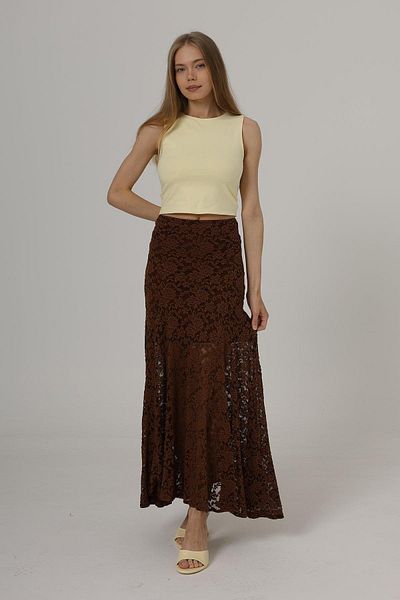 VAGGON Women's Brown Elastic Waist Lined Lace Embroidered Midi Length Skirt Vs00611
