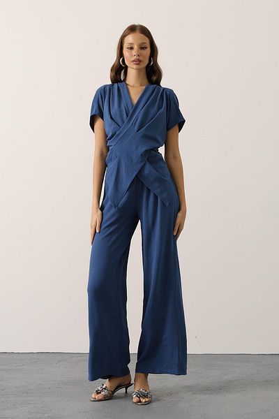 VAGGON Women's Indigo Asymmetrical Cut Blouse and Elastic Waist Pants Set Vs00634