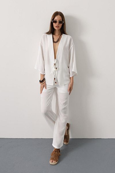VAGGON Women's White Tie Detailed Blouse and Elastic Waist Trousers Linen Suit Vs00436
