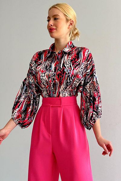 VAGGON Women's Fuchia Elastic Waist Satin Shirt Vs00394