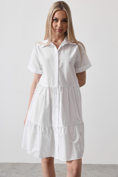 VAGGON Women's White Shirt Collar Skirt Pleated Mini Dress Vs00439