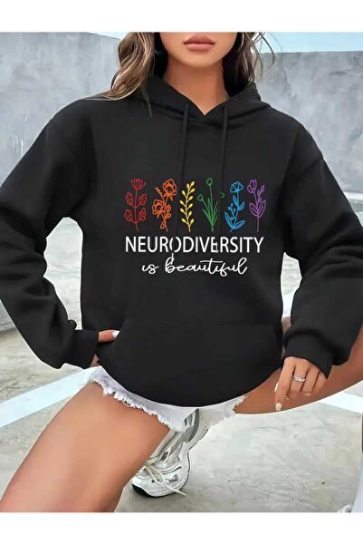 caddekombin Hanorac negru din bumbac cu buzunar cu glugă cu imprimeu Neurodiv...