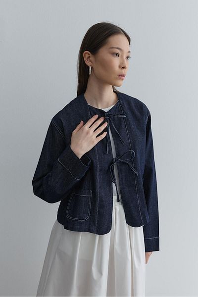 Fahhar Short Denim Jacket with Tie Detail Navy Blue
