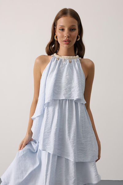 VAGGON Women's Collar Detailed Layered Dress Vs00629