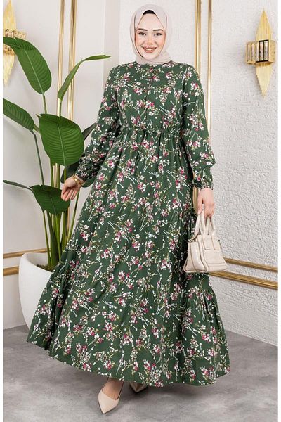 sefamerve Rochie din viscoză cu șireturi în talie 7122-05 kaki
