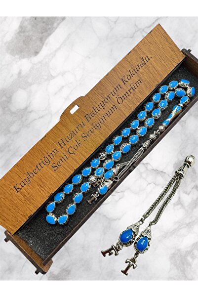 KANUNİ TESBİH Metal Prayer Beads in Turquoise Color with Letter Detail in Woo...