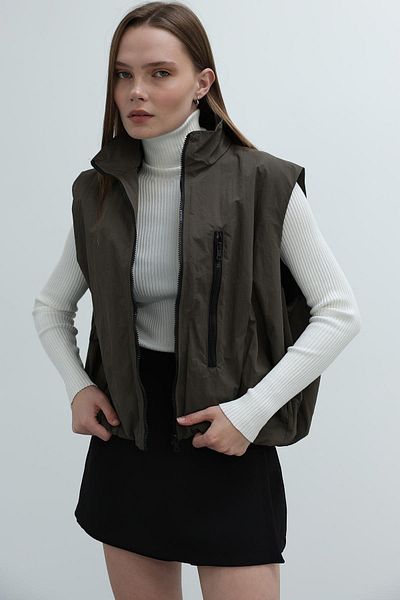 VAGGON Women's Khaki Zipper Pocket Elastic Waist Parachute Vest Vs00434
