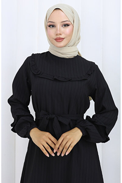 sefamerve Fırfırlı Kuşaklı Elbise 2116-04 Siyah