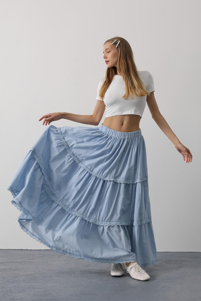 VAGGON Women's Baby Blue Elastic Waist Lace Detailed Pleated Maxi Length Skirt Vs00604