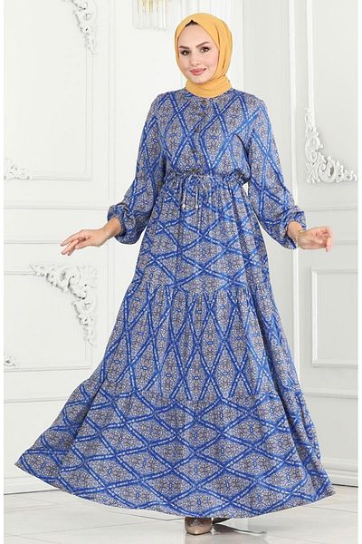 sefamerve Rochie din viscoză cu șireturi la talie 7109-01 Albastru