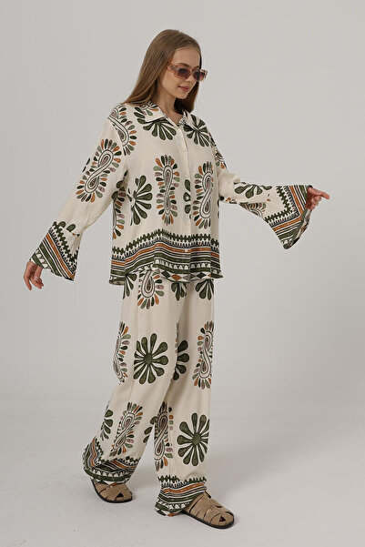 VAGGON Women's Khaki Patterned Shirt with Flounce Sleeves and Elastic Waist Trousers Set Vs00589