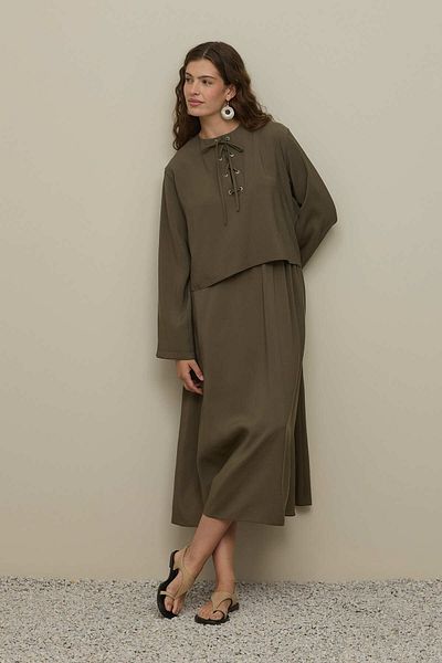 Fahhar Eyelet Modal Skirt Suit Khaki