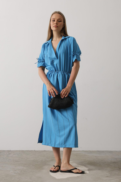 VAGGON Γυναικείο μπλε πουκάμισο με ριγέ φόρεμα με ελαστική μέση και μανίκια Vs00564