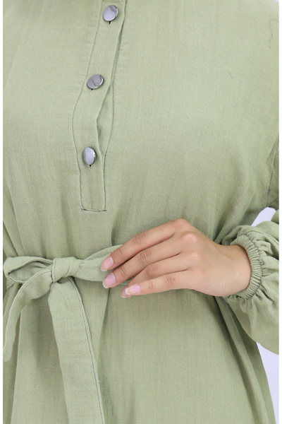 sefamerve Kolu Lastikli Kuşaklı Elbise 2112-04 Küf Yeşili